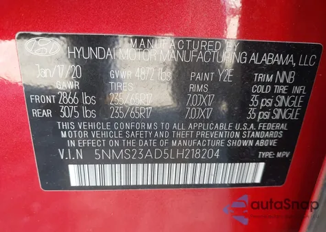 2020 Hyundai Santa Fe Se z USA, uszkodzony, nr VIN 5NMS23AD5LH218204